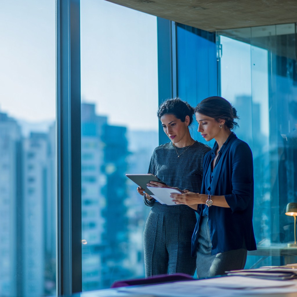 Avaliadoras Alithea analisando planta técnica em apartamento para laudo de avaliação imobiliária