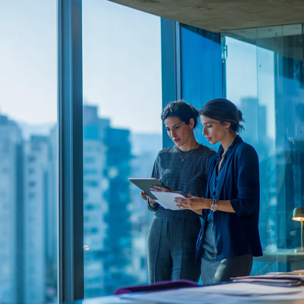 Avaliadoras Alithea analisando planta técnica em apartamento para laudo de avaliação imobiliária
