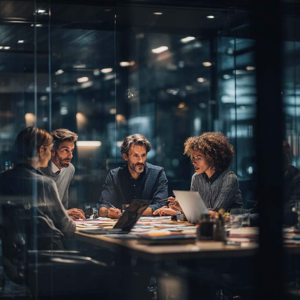 Equipe Alithea em reunião de estratégia fiscal e sucessória com documentos na mesa
